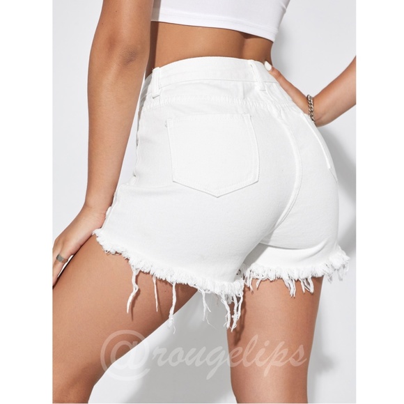 White Denim Shorts Distressed Ripped High Waist Raw Hem - Picture 2 of 9